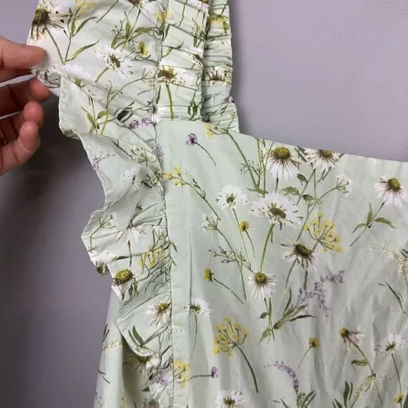 H&M Wildflower Meadow open back Poplin Light Green Floral midi Dress - Picture 6 of 12